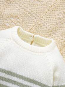 SHEIN 1pc Newborn Striped Crew Neck Long Sleeve Romper, Casual & Minimalist Design - Mint Green - View 4