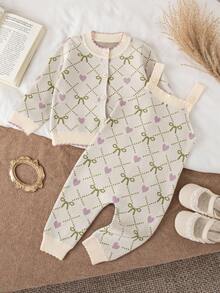 2pcs Baby Girls Cardigan Sweater & Pants Set,Cute Beige Fashion Bow Jacquard Knitted Outfit,Autumn Family Matching,Suitable For Winter Casual Wear - Multicolor - View 3