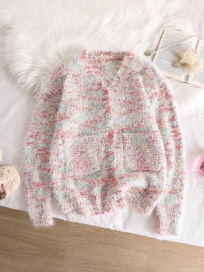 Tween Girl Space Dye Pattern Patchwork Pocket Button-Up Cardigan, Casual Everyday Wear, Autumn/Winter