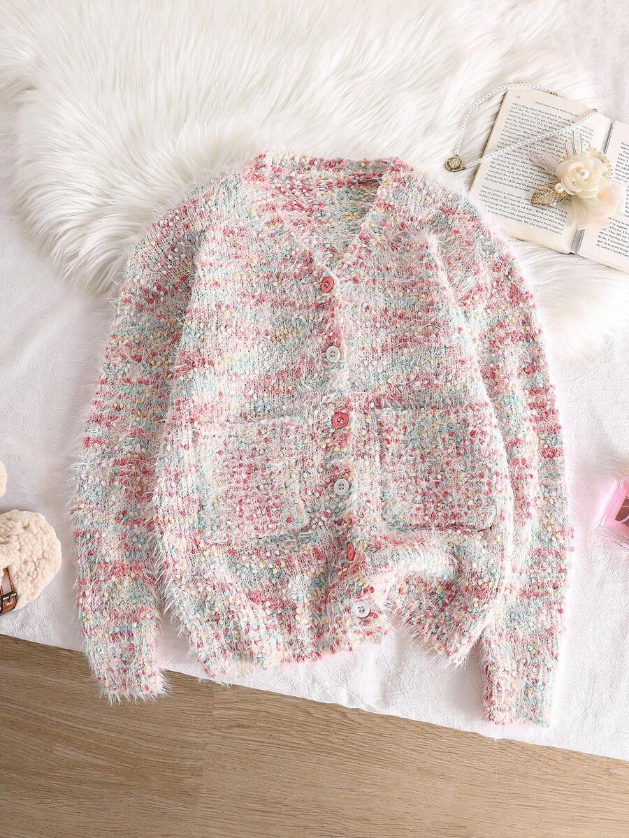 Tween Girl Space Dye Pattern Patchwork Pocket Button-Up Cardigan, Casual Everyday Wear, Autumn/Winter - Multicolor - View 1