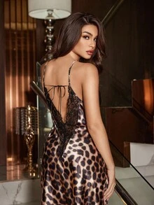 SilkySpell 1 件女士性感深 V 吊带裙，优雅缎面蕾丝长裙，豹纹，四季皆宜，睡袍，可作为外套穿着 - 卡其色 - 查看 1