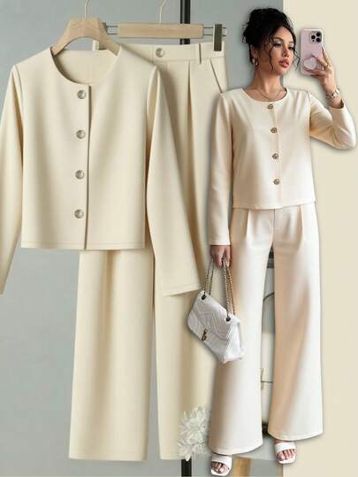 Franclia レディース 無地 シングルブレスト 長袖ジャケットとパンツのエレガントな2ピースセット