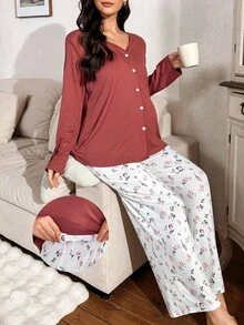 Moonlight&Mama Zestaw piżamowy Moonlight & Mama dla kobiet w ciąży, jednokolorowy, dzianinowy, z długim rękawem i spodniami, z drobnymi kwiatowymi spodniami, odzież nocna, jesienne ubrania, zestawy piżamowe dla kobiet z długim rękawem, zimowe - Wielokolorowe - Zobacz 1