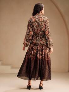 Anewsta Robe longue vintage à col montant avec imprimé léopard dégradé pour femmes, élégante et chic, convient pour l'automne, les fêtes, Noël et le Nouvel An - Marron - Voir 7