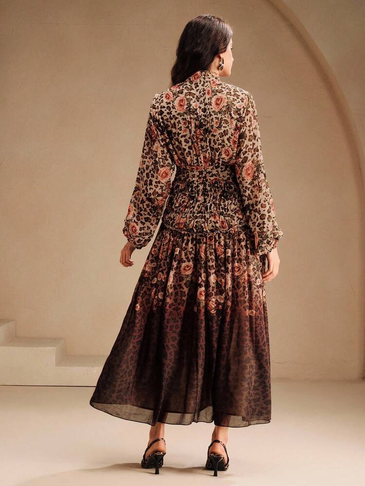 Women's High-End Leopard Print Gradient Vintage Stand Collar Maxi Dress, Elegant, Chic, Suitable For Fall, Autumn, Party, Christmas, New Year