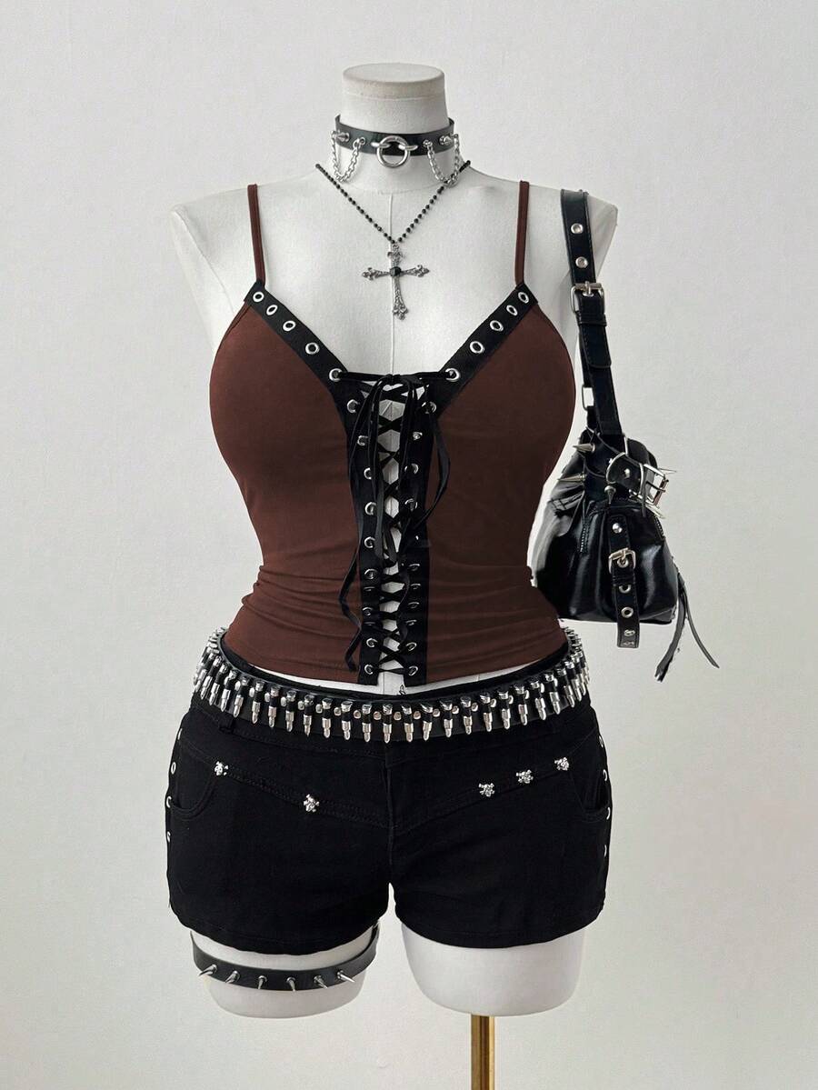 Sunspun Áo yếm trang trí bằng vải lưới mắt cáo Goth màu tối cỡ lớn - Màu Khaki - Xem 1