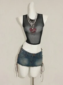SHEIN ICON Women's Y2k Black Rhinestone Decor Sheer Sleeveless Crew Neck Camisole Top - Black - View 3