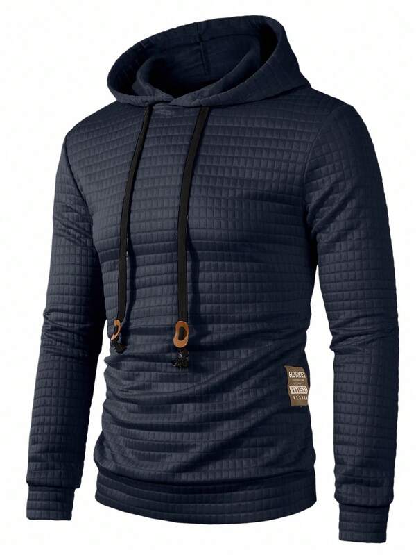 Manfinity Homme Men Solid Color Applique Hooded Casual Long Sleeve Hooded Sweatshirt, Navy Blue, Daily Leisure, Weekend Trips, Outdoor Activities, Travel Expeditions, Relaxed Work Environments Or Semi-Formal Occasions,Boyfriend/Husband Gift, Anniversary Gift, Fall Navy Blue Hoodie Hoodies Casual Quilted Hoodie Hoodie Christmas