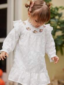Vintaside Kids 1 件纯色刺绣编织花卉装饰套头衫休闲舒适长袖婴儿/幼儿女孩连衣裙