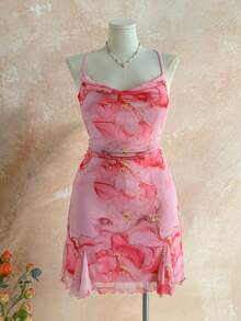 Soleia Plus Size Women Vacation Spaghetti Strap Mini Dress, Draped Neck, Backless, Bowknot , Fishtail, Sexy Style, Mini Dress, Tea Break, Shopping, Romantic, Date, Beach Outfit, Mesh, Young, Girlish - Pink - View 5