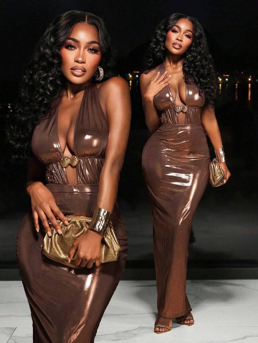 BamGleam Women's Sexy Hollow-Out Metal Shell Dress - Brown - View 1