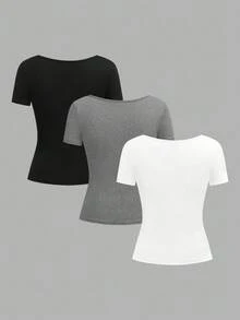 SHEIN EZwear 3 件女士短袖短款休闲修身 T 恤，适合夏季 - 彩色 - 查看 2