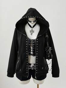 Sunspun Áo khoác nỉ dài tay có mũ trùm đầu phong cách Punk tối màu thời trang cỡ lớn đính đinh tán - màu đen - Xem 4