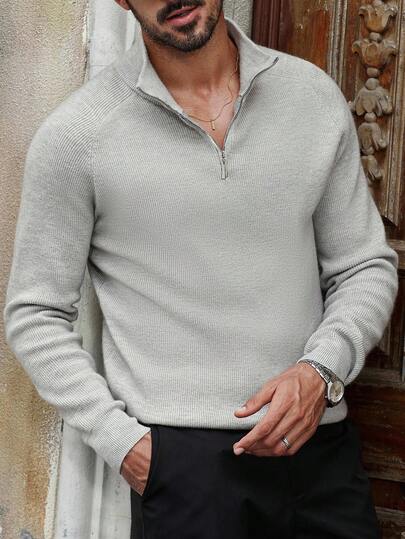 Manfinity Bizformal Men's Half-Zip Solid Color Casual Versatile Long Sleeve Pullover Sweater, For Fall Winter