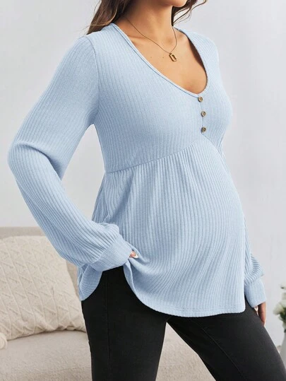 SHEIN Maternity Snap-Button V-Neck Long Sleeve Loose Fit Pregnancy T-Shirt