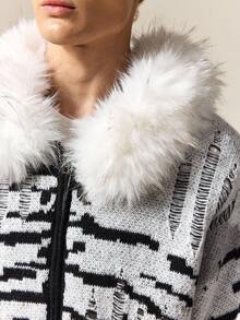 ROMWE MEN Street Life Men's Zebra Pattern Drop Shoulder Long Sleeve Distressed Fuzzy Hooded Cardigan, Autumn/Winter - Black and White - View 2