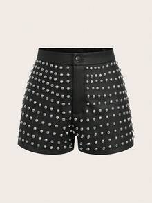 SHEIN LUNE 女式复古朋克街头皮革铆钉短裤