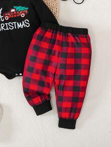 SHEIN Playful Pals 3件套婴儿男女宝宝圣诞字母印花长袖连体衣+南瓜图案裤子+帽子套装，秋季圣诞宝宝服装，男女宝宝圣诞套装，我的第一个圣诞节宝宝套装，男女宝宝通用服装，中性宝宝服装 - 彩色 - 查看 6