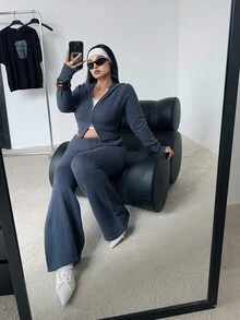 POPSWAY Plus Size Women Fitted Hooded Zip-Up Cardigan And Flared Pants Knit Suit, Versatile For Autumn/Winter - Dark Grey - View 5