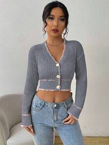 EMERY ROSE Damen elegante einreihige Strickjacke, Drop-Shoulder, Langarm und Crop-Schnitt - Hellgrau - Übersicht 5