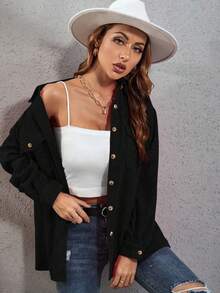 EMERY ROSE 女式纯色长袖单排扣休闲口袋宽松衬衫 - 黑色 - 查看 3