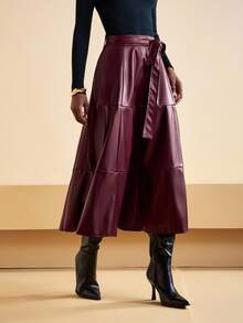 Zivah 2025 秋冬新品，音乐节，毕业季，学院风，学生装，日常休闲，度假，海滩，街头风，通勤优雅，腰带口袋PU皮裙，酒红色 - 酒紅色 - 查看 4