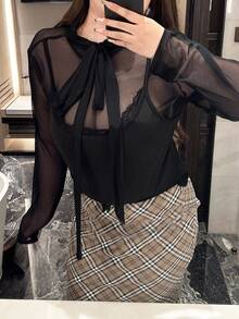 Flirla Fashionable Mesh Patchwork Lace Trim Sexy Long Sleeve Mock Neck T-Shirt - Black - View 4