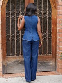 Yess Loren Women's Casual Sleeveless Front Button Denim Top, Summer - Dark Wash - View 2