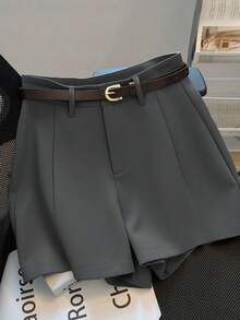 Franclia 休闲通勤时尚百搭中高腰系带夏季新款纯色卡其色女士短裤 - 灰色 - 查看 3