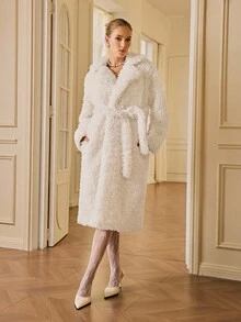 GENKIRA French Retro Thickened Faux Fur Collar Belted Windbreaker Jacket - White - View 1