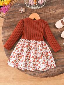 SHEIN Baby Girls' Casual Ditsy Floral Long Sleeve Ribbed Knit Dress, Autumn - Rust Brown - View 2