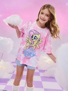 My Little Pony X SHEIN Tween Girl Casual Everyday Commute Cute Cartoon & Letter & Tie-Dye Print Oversized T-Shirt, Summer