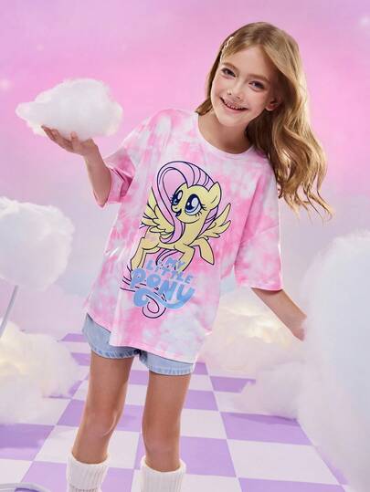 My Little Pony X SHEIN Tween Girl Casual Everyday Commute Cute Cartoon & Letter & Tie-Dye Print Oversized T-Shirt, Summer