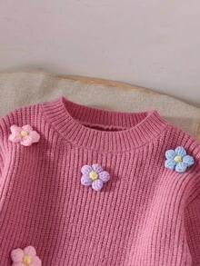 SHEIN Vintaside Kids Girls Handmade Flower Knitted Dress, Round Neck Long Lantern Sleeve Cute & Elegant Pink Dress Girls Knit Dress Girls Sweater Dress Baby Girl Sweater Dress Girl Flower Dress Toddler Girl Sweater Dress Fall Winter