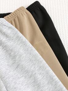 SHEIN 3件組男嬰秋冬可愛純色保暖內裡加厚卡通恐龍圖案鬆緊腰長褲基礎款多件組，適合秋冬戶外滑雪 - 彩色 - 查看 3