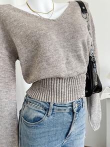 EMERY ROSE Women's Casual Button Decor Waist Fitted Sweater, Autumn - Grey - View 4