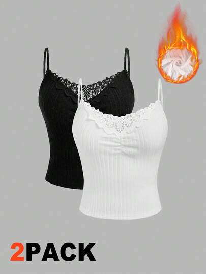 Velvienne 大码女式罗纹花卉蕾丝花边优雅吊带背心，秋冬