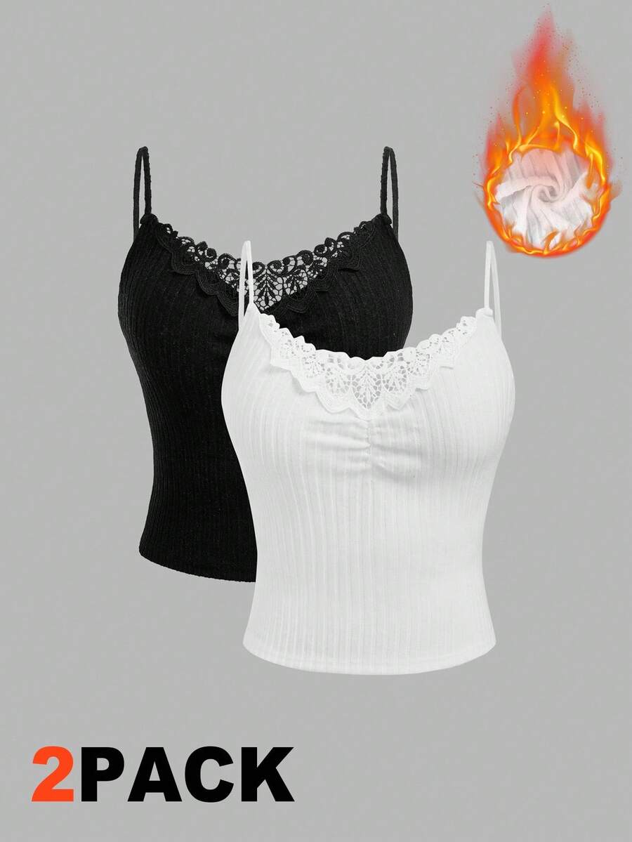 Velvienne 大码女式罗纹花卉蕾丝花边优雅吊带背心，秋冬 - 黑與白 - 查看 1