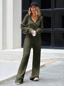 SHEIN Tall Tall Zip Up Drop Shoulder Cardigan & Knit Pants - Army Green - View 3
