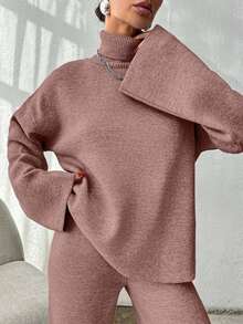 SHEIN Cottnline 女式纯色高领落肩长袖毛衣和针织裤休闲套装，秋冬 - 乾枯玫瑰色 - 查看 2