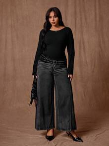 Rustia Tricou negru simplu pentru femei, mărime plus, cu guler rotund, elastic, mânecă lungă - Negru - Vizualizare 2