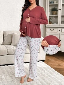 Moonlight&Mama Zestaw piżamowy Moonlight & Mama dla kobiet w ciąży, jednokolorowy, dzianinowy, z długim rękawem i spodniami, z drobnymi kwiatowymi spodniami, odzież nocna, jesienne ubrania, zestawy piżamowe dla kobiet z długim rękawem, zimowe - Wielokolorowe - Zobacz 5
