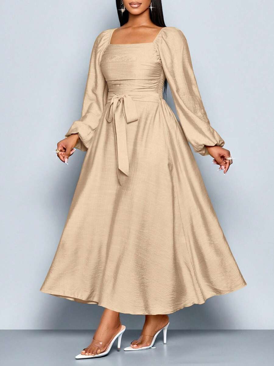 SOLERSUN Vestito casual ed elegante da donna taglie forti, con scollo quadrato, maniche lunghe, arricciatura frontale e balza in vita, adatto per l'autunno e l'inverno. Nuovo vestito da donna per primavera/estate, in tessuto a trama intrecciata, con spalline, adatto per appuntamenti, shopping e uso quotidiano.