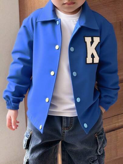 SHEIN 1pc Youth Woven Jacket, Comfortable Minimalist Letter Embroidery Contrast Color Hooded Baseball Jacket, Versatile For Casual, Sports, Outdoor Wear Kid Jacket Blue Jacket Letterman Jacket Kids Boys Varsity Jacket,In Fall/Winter