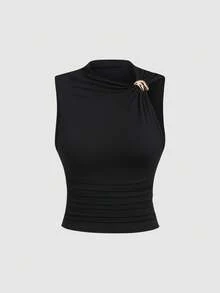 Sweetra 女式纯色金属装饰褶饰时尚修身吊带背心 - 彩色 - 查看 3