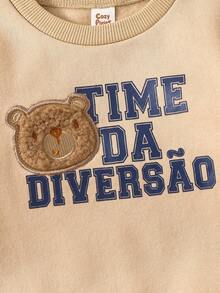 Cozy Pixies 2pcs Baby Boy Cartoon Bear Pattern Knitted Soft Crew Neck Long Sleeve Pullover Sweatshirt & Elastic Waist Thick Fleece Pants Set - Khaki - View 4