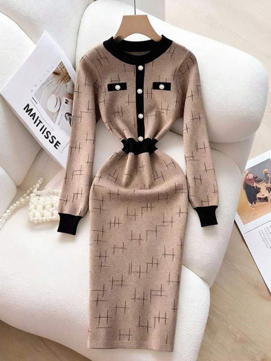 GlowEve Elegant Colorblock Round Neck Waist Fitted Bodycon Sweater Dress, Fashionable Minimalist Comfortable Fitted Women Autumn/Winter Outfit - Khaki - View 1