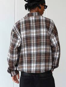 ROMWE MEN Prep Men's Fashionable Loose Plaid Shirt, Young Street Style, Suitable For Street Wear, Casual Daily, Weekend Outings, Music Festivals, Fall - Coffee Brown - View 2