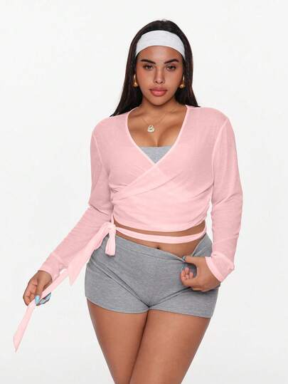 Rhythm Era Cubre superior ligero y transparente con cuello en V y mangas largas, con dobladillo ajustable con cordón, top deportivo casual para yoga de talla grande