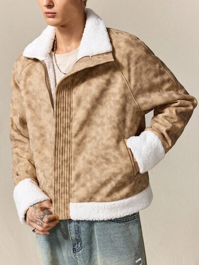 Street Life Men's Casual Patchwork Fuzzy Trim Zip-Up Raglan Sleeve Jacket, Autumn/Winter